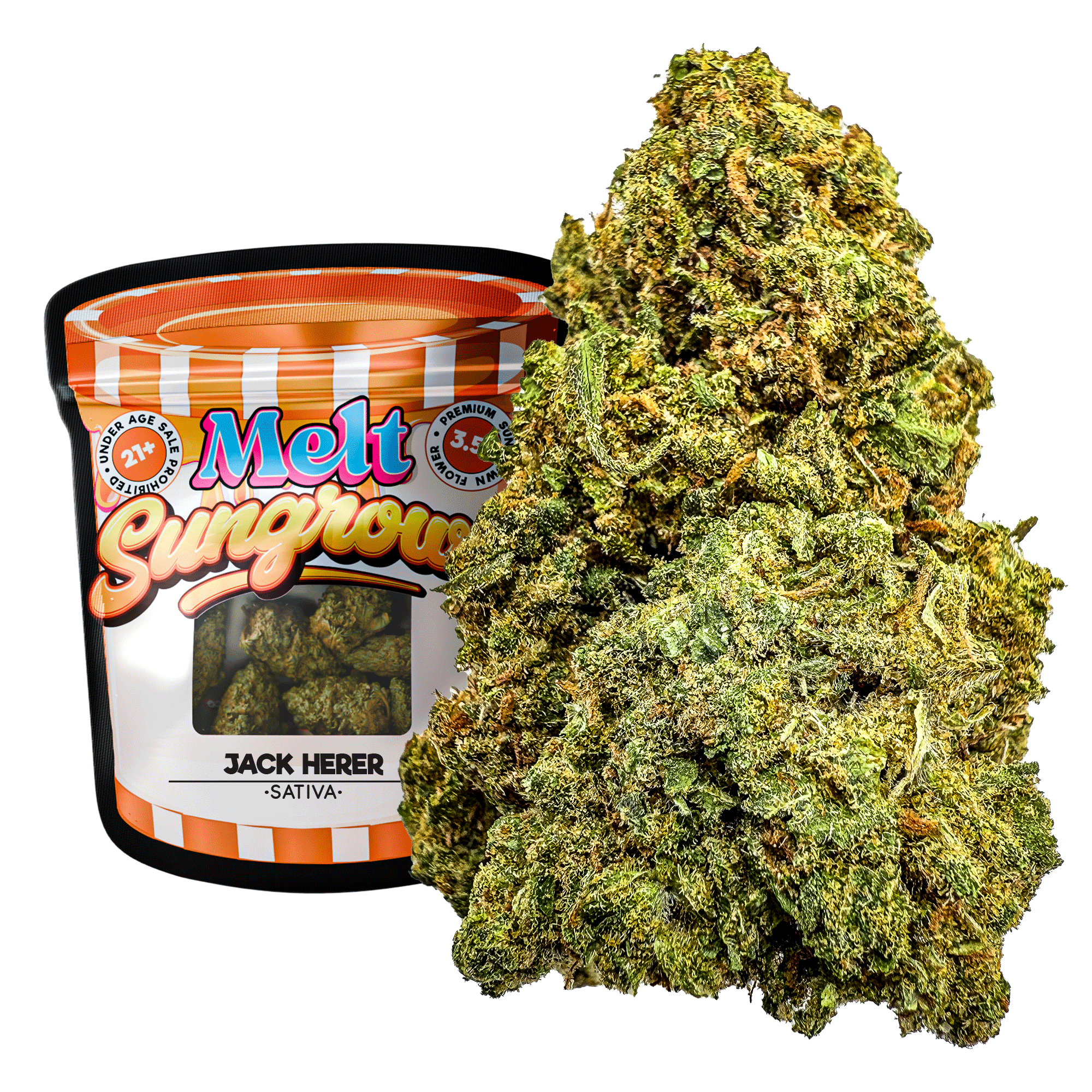 Premium Sun Grown cannabis with Jack Herer strain THCA flower in a colorful container.