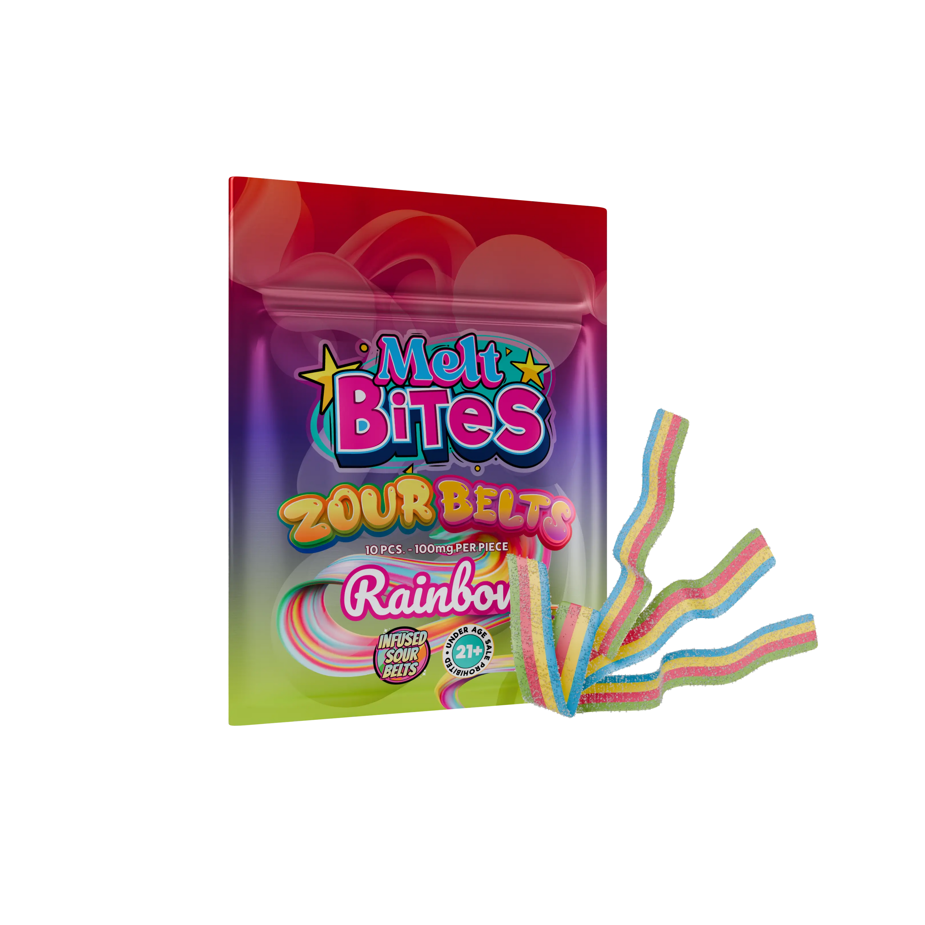 Edibles featuring Melt Bites Zour Belts, rainbow flavored infused sour belts with THC.