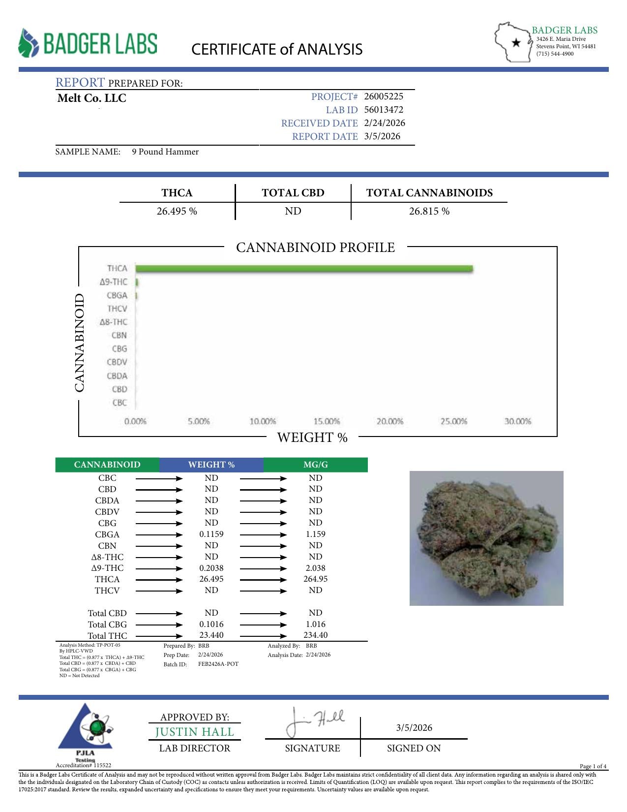 Lab report - 9 Pound Hammer THCA potency analysis