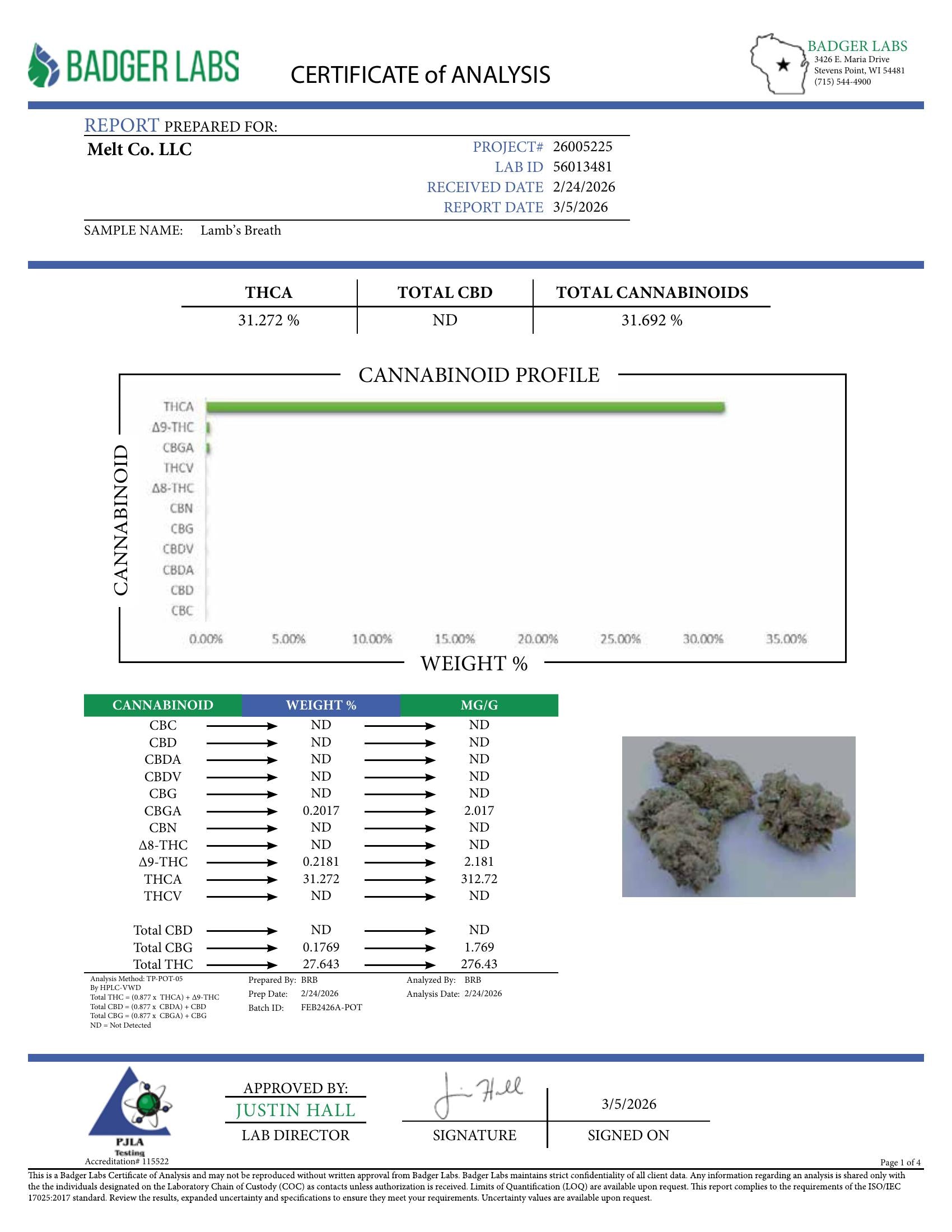 Lab report — Lamb's Breath THCA potency analysis