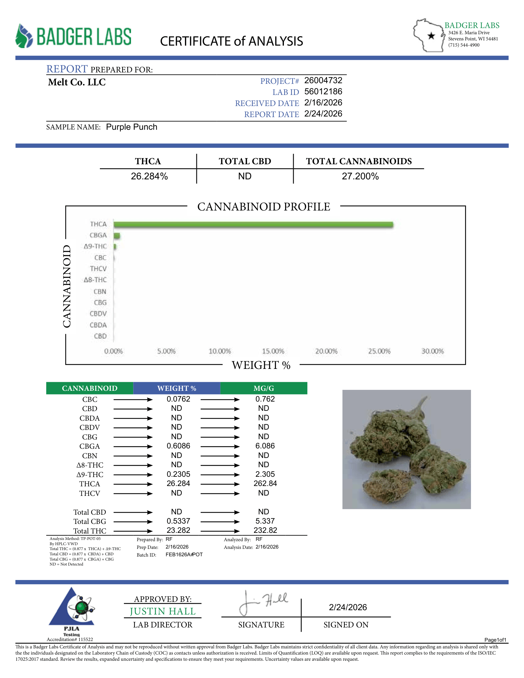 Lab report - Purple Punch THCA potency analysis certificate (COA)