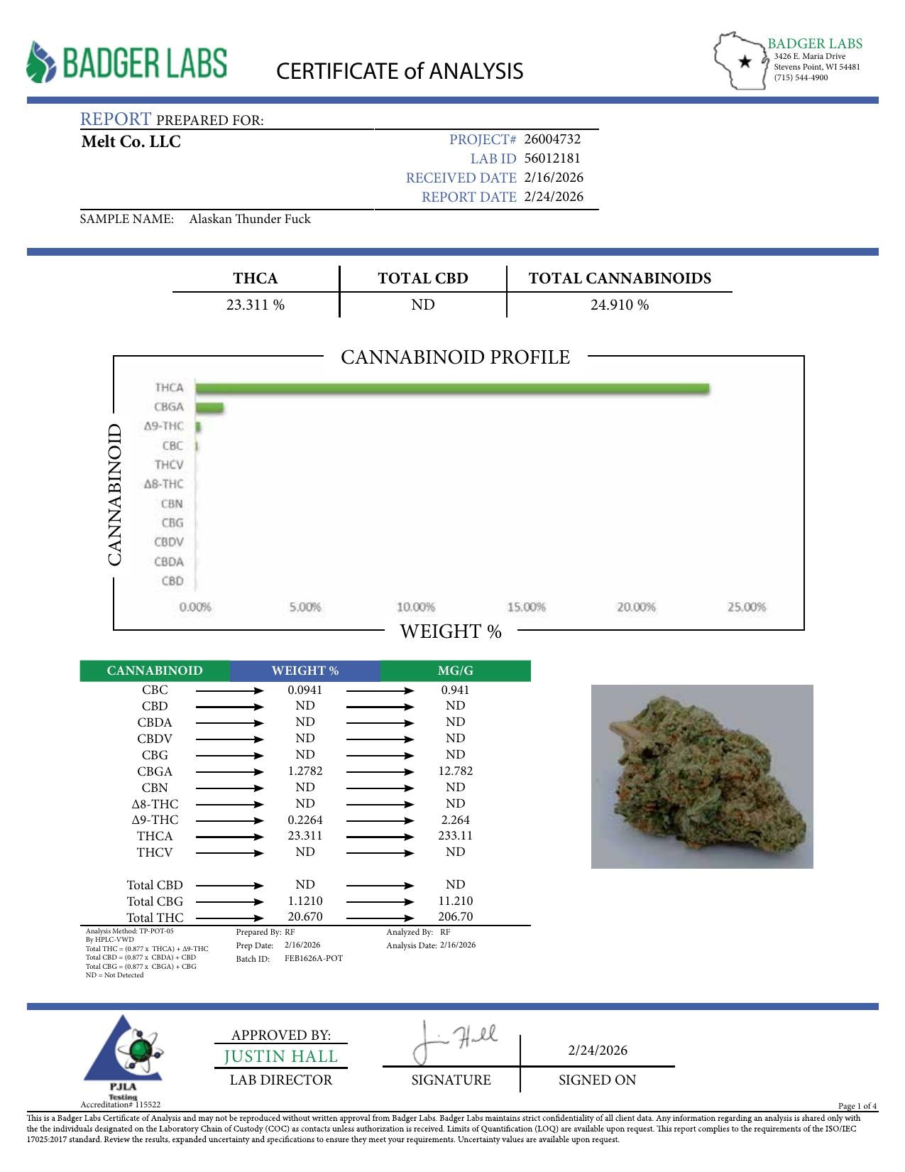 Lab report - Alaskan Thunder Fuck THCA potency analysis